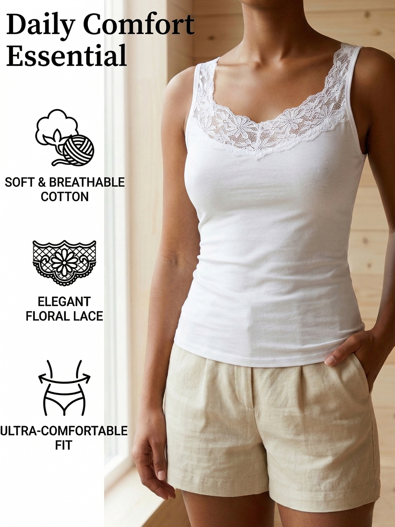 Sleeveless Undershirt - Women's Lace Trim V-Neck Camisole Sleeveless